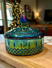 Load image into Gallery viewer, Blue Carnival Indiana Glass Princess Lidded Candy Dish - Autumn Leaves

