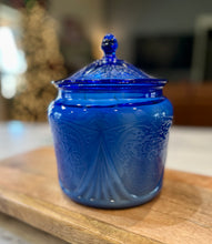 Load image into Gallery viewer, Cobalt Blue Hazel Atlas Royal Lace Depression Glass Lidded Biscuit Jar - Citrus Sunrise
