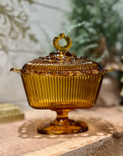 Load image into Gallery viewer, Amber Indiana Glass Lace Edge Compote Candy Dish with Lid
