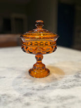 Load image into Gallery viewer, Indiana Glass Amber King’s Crown Thumbprint Compote with lid
