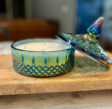 Load image into Gallery viewer, Blue Carnival Indiana Glass Princess Lidded Candy Dish - Autumn Leaves
