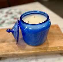 Load image into Gallery viewer, Cobalt Blue Hazel Atlas Royal Lace Depression Glass Lidded Biscuit Jar - Citrus Sunrise
