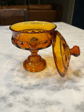 Load image into Gallery viewer, Indiana Glass Amber King’s Crown Thumbprint Compote with lid

