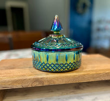 Load image into Gallery viewer, Blue Carnival Indiana Glass Princess Lidded Candy Dish - Autumn Leaves
