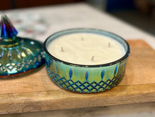 Load image into Gallery viewer, Blue Carnival Indiana Glass Princess Lidded Candy Dish - Autumn Leaves
