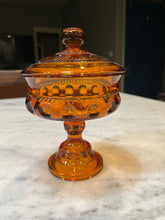 Load image into Gallery viewer, Indiana Glass Amber King’s Crown Thumbprint Compote with lid
