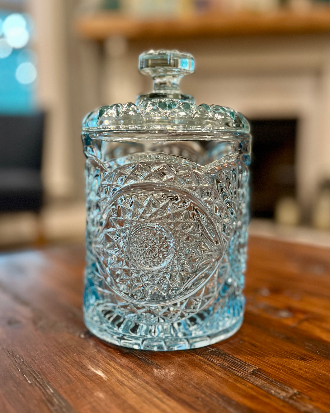 Light Blue Imperial Glass Hobstar Biscuit Jar Canister with Lid