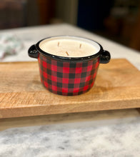 Load image into Gallery viewer, Black &amp; Red Buffalo Check Ramekin Candle - Salted Caramel Brownie
