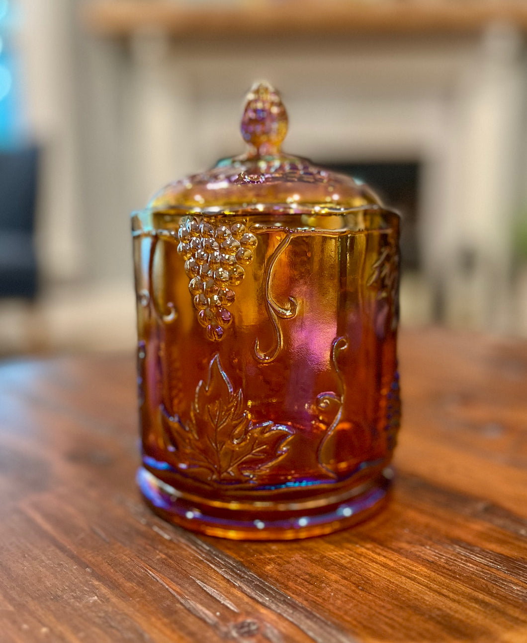 Marigold Amber Carnival Glass Indiana Glass Harvest Grape Biscuit Jar with Lid
