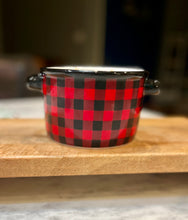 Load image into Gallery viewer, Black &amp; Red Buffalo Check Ramekin Candle - Salted Caramel Brownie
