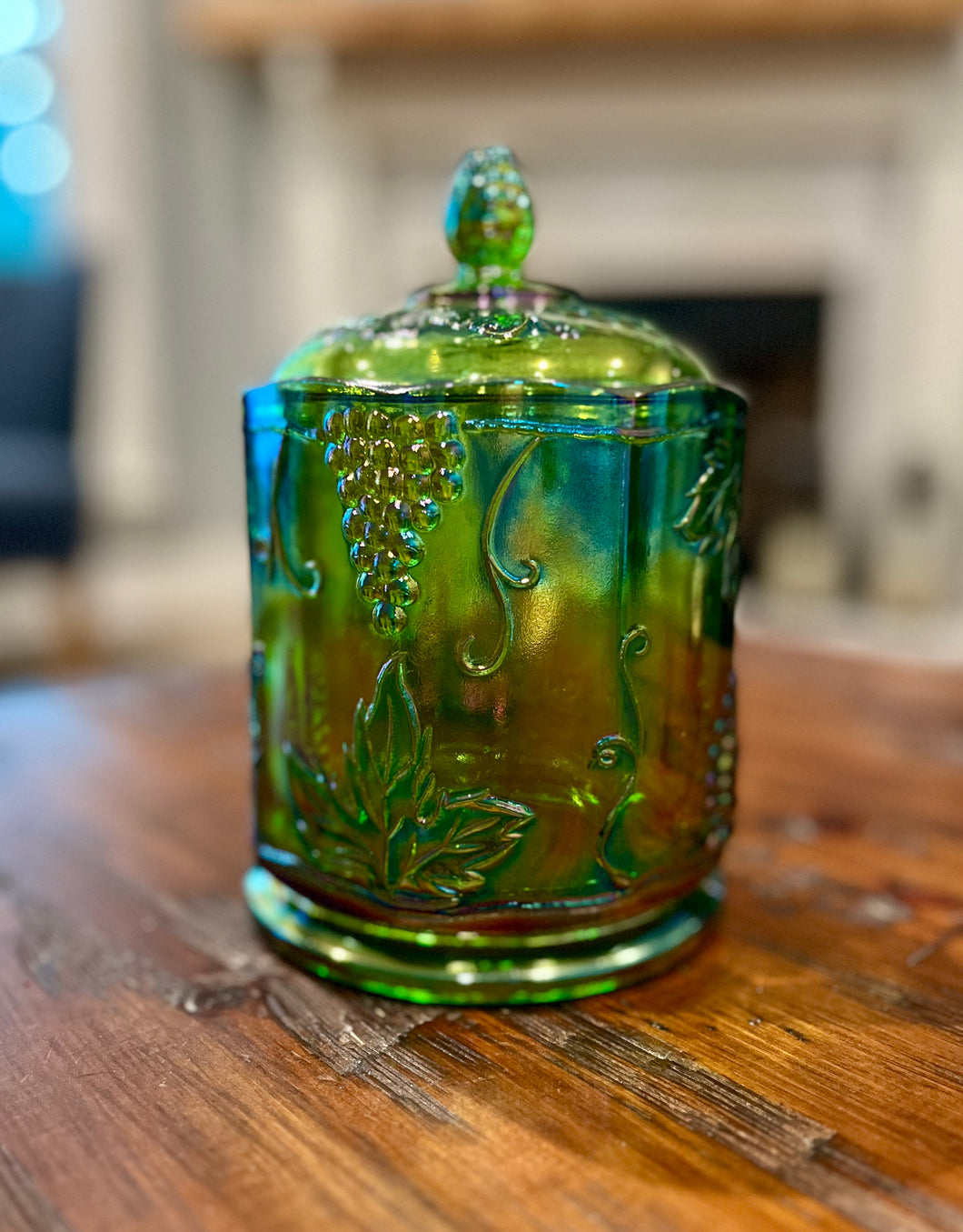 Green Carnival Glass Indiana Glass Harvest Grape Biscuit Jar with Lid