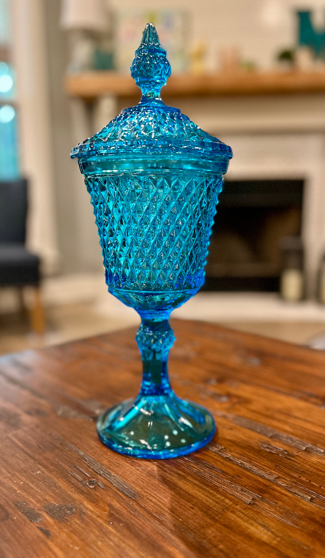 Turquoise Indiana Glass Diamond Point Chalice with Lid