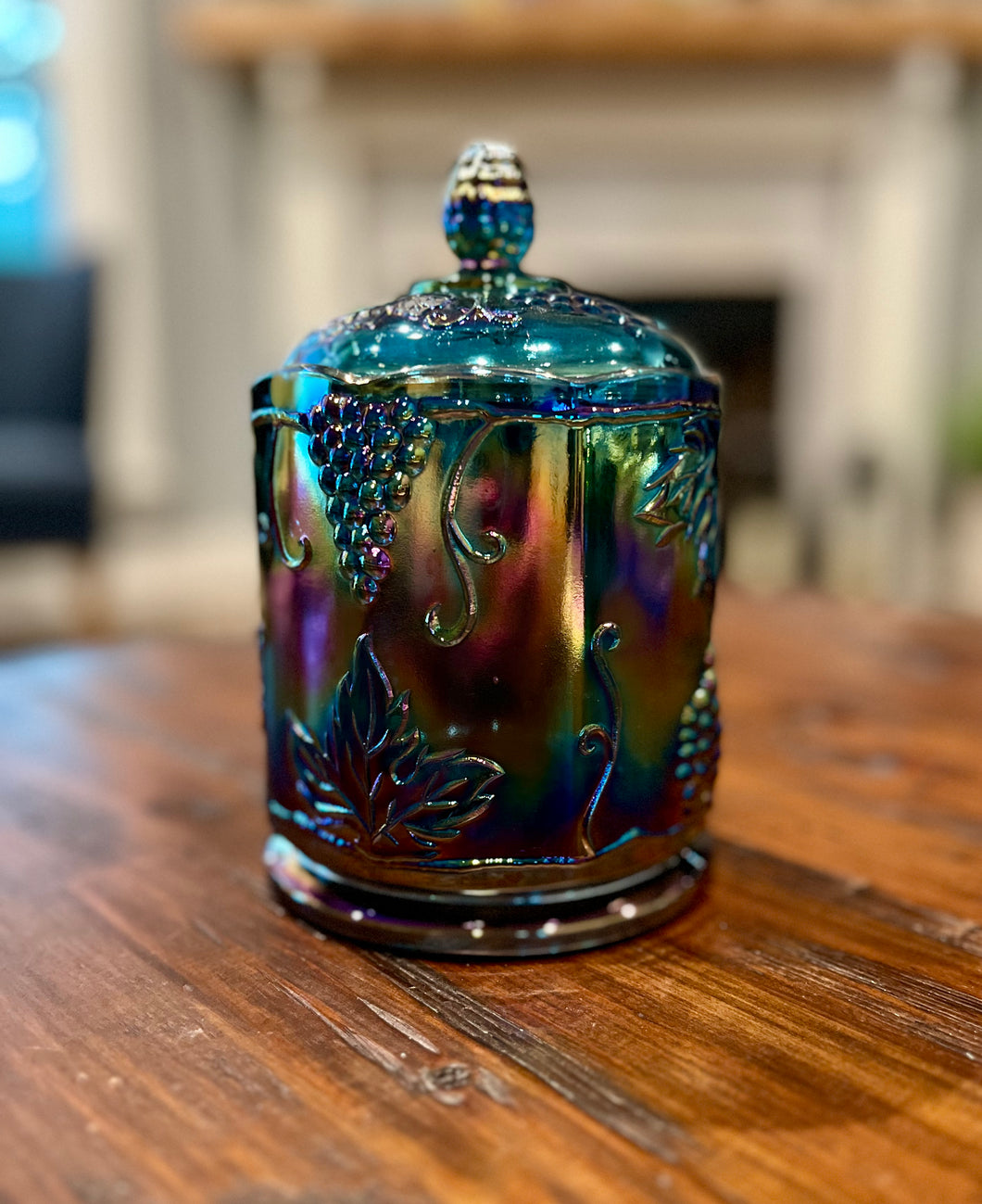 Blue Carnival Glass Indiana Glass Harvest Grape Biscuit Jar with Lid